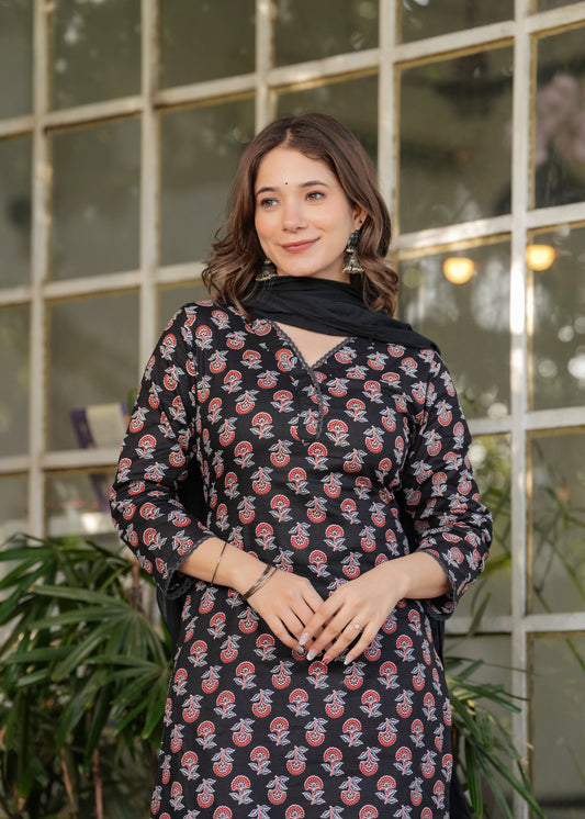 Beautiful Black Pure Cotton Fabric Kurtis Pant Set