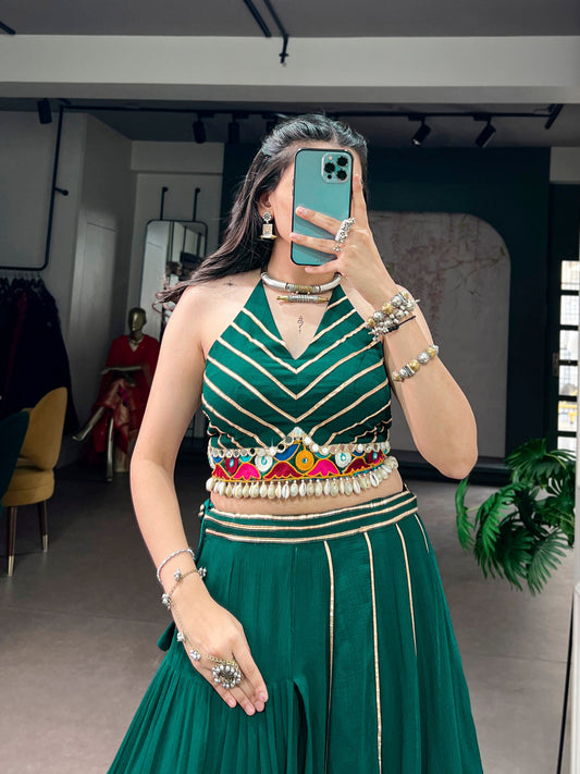 Bottle Green Lightweight Navratri Lehenga Choli with Gamthi Work, Mirror Detailing & Gotta Patti Lace