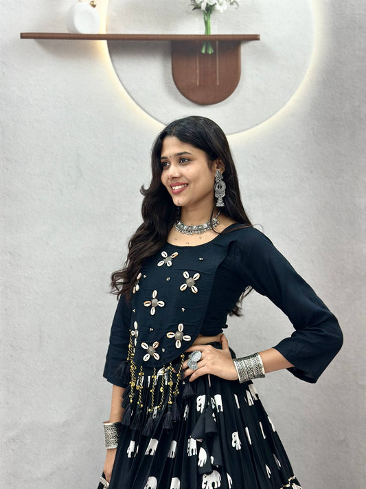 Black Pure Cotton Navratri Chaniya Choli - Real Kodi Hand Work with Elephant Print & Latkans