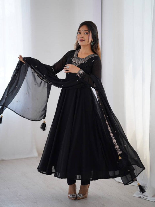Black Pure Soft Fox Georgette Fabric Fully Flair Anarkali Salwar Suit