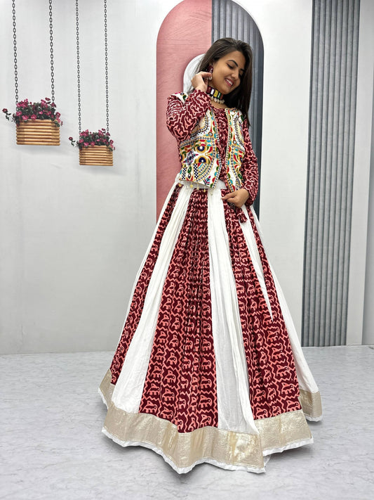 Maroon Pure Cotton Gamthi Work Navratri Chaniya Choli with Embroidered Koti & Elephant Print