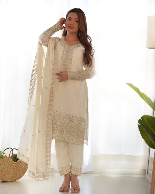 White Pure Chinon Silk Fabric With Beautiful Embroidery Sequence Jari Work Salwar Suit