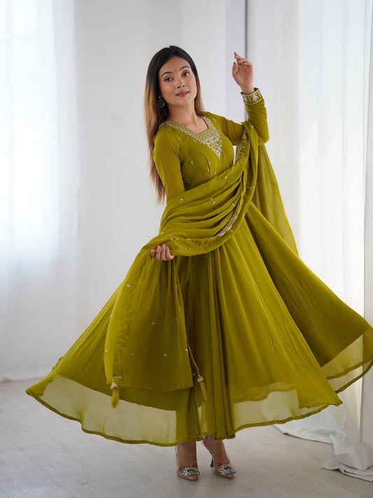 Mahendi Green Pure Soft Fox Georgette Fabric Fully Flair Anarkali Salwar Suit