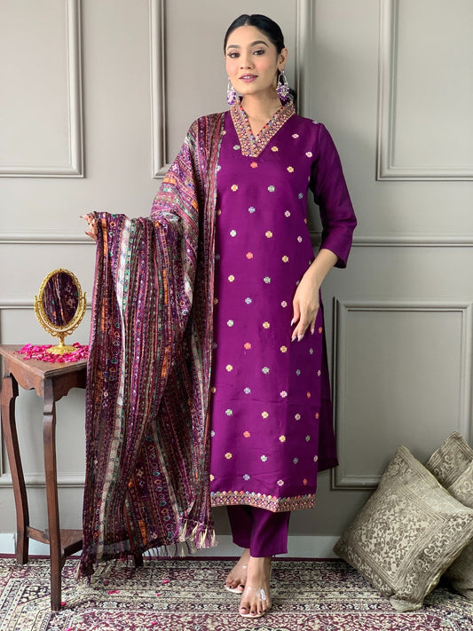 Beautiful Wine Viscose Chanderi Fabric Kurtis Pant Set