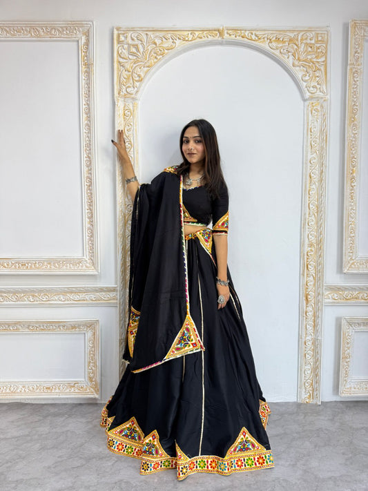 Black Heavy Rayon Cotton Navratri Chaniya Choli - Multicolour Mirror & Patch Work Border with Dupatta
