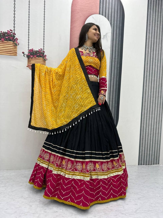 Black & Rani Pink Rayon Cotton Navratri Chaniya Choli - Mirror & Thread Work with Bandhani Dupatta | Ready to Wear