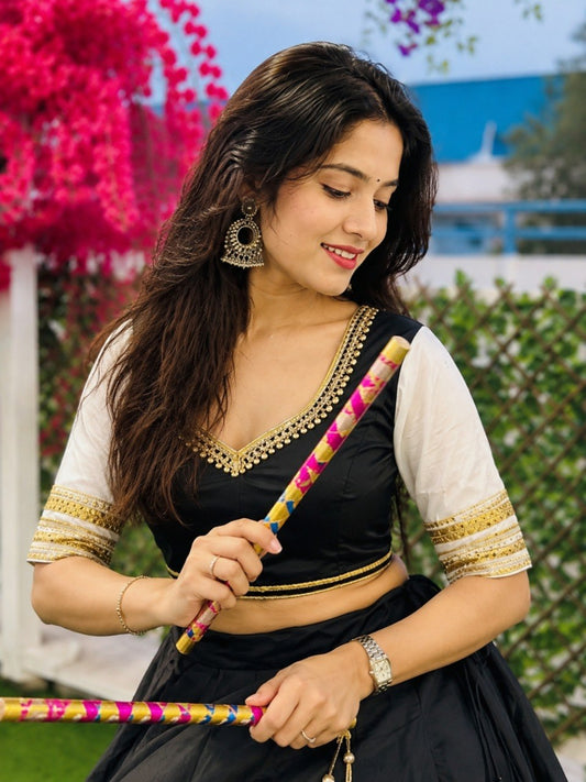 Black & White Pure Rayon Navratri Lehenga Choli with Sequins Lace for Women