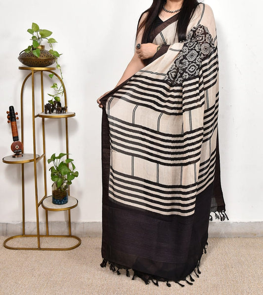 Black And Cream Printed Ajrakh dola silk saree