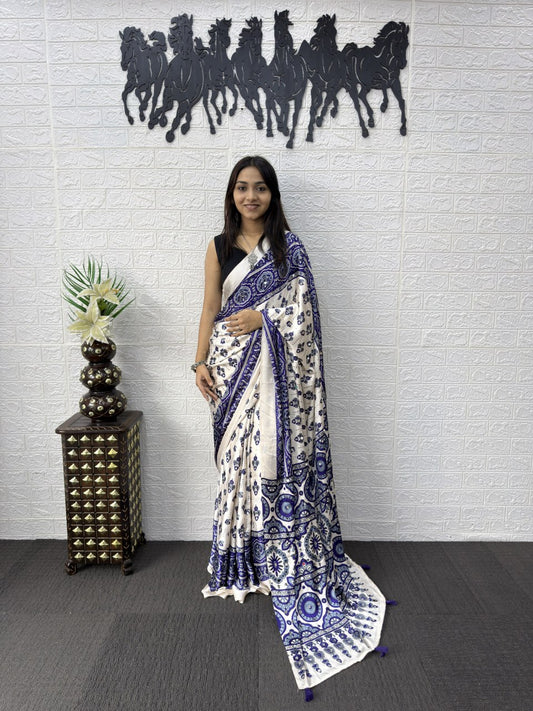 Ajrakh Real Mirror Modal Silk Saree With Blouse