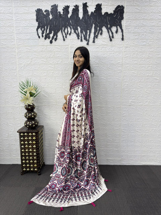 Ajrakh Real Mirror Modal Silk Saree With Blouse