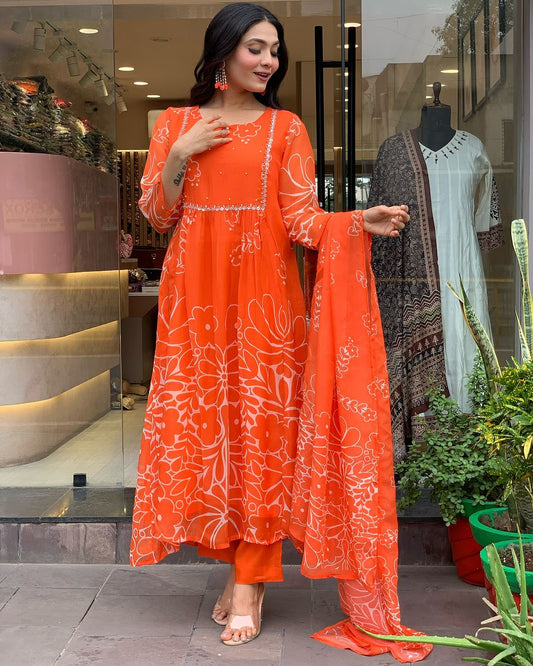 Beautiful Orange Faux Georgette Fabric Kurtis Pant Set