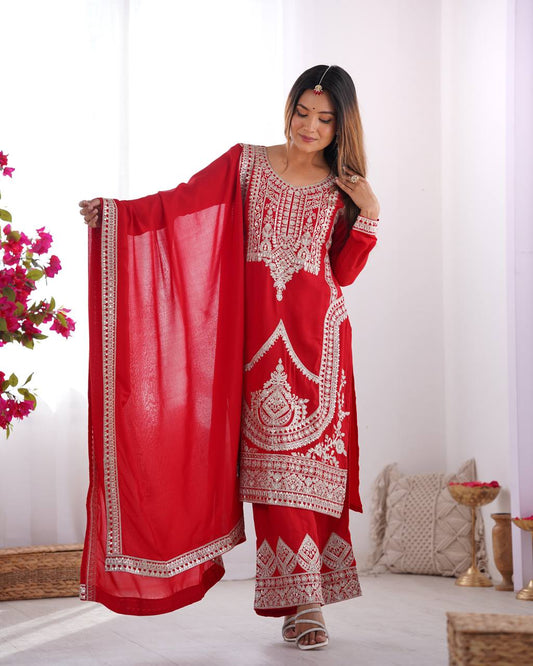 Maroon Vichitra Silk Fabric With Beautiful Embroidery Sequence And Dori Work Suit Set