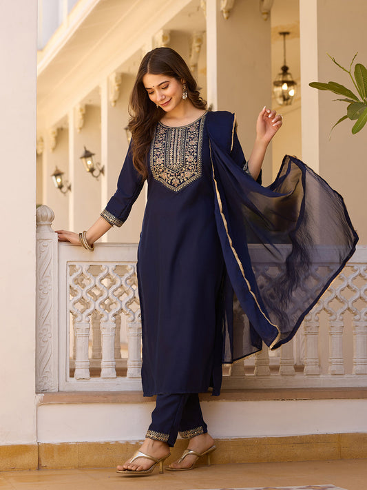 Beautiful Navy Blue Color Rayon Fabric Kurtis Pant Set