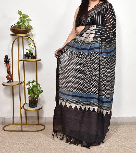 Black Stipe Printed Ajrakh dola silk saree