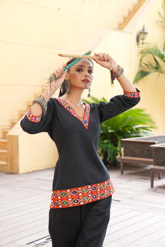 Black Cotton Navratri Co-ord Set with Embroidery Thread Work & Original Mirror Work
