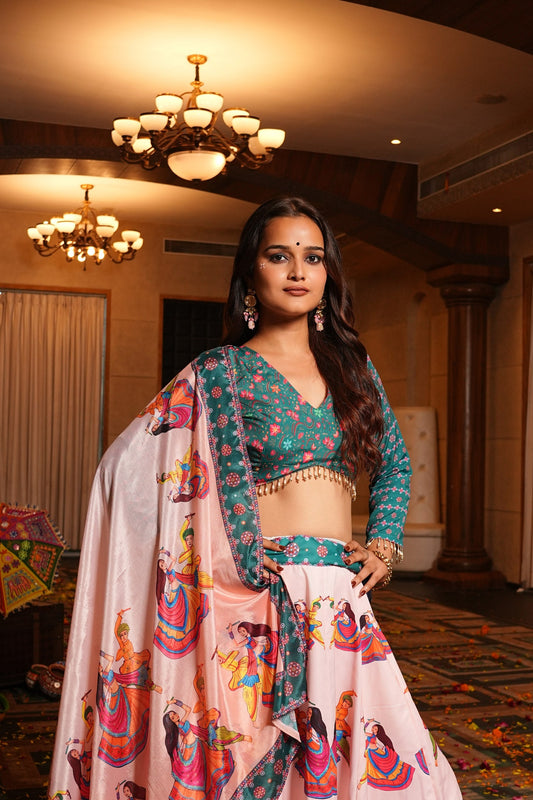 Baby Pink & Teal Green Crepe Navratri Lehenga Choli with Traditional Garba Printed Work