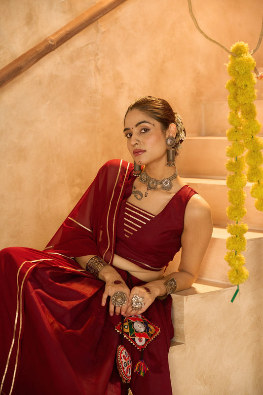Maroon Cotton Silk Navratri Lehenga Choli with Elegant Gota Patti Lace Work