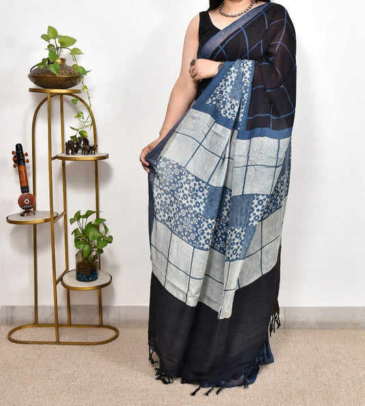 Black Printed Ajrakh dola silk saree