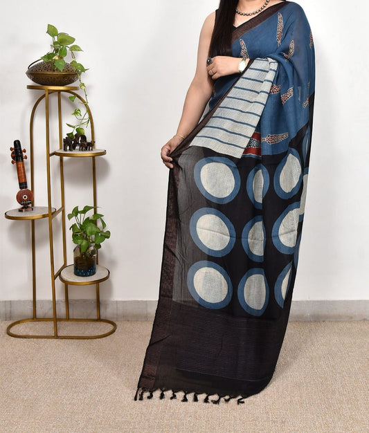 Blue Printed Ajrakh dola silk saree