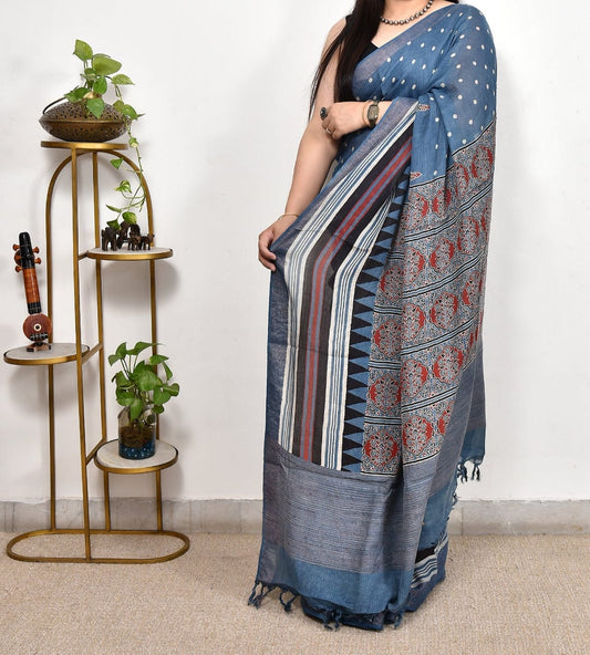 Blue Printed Ajrakh dola silk saree