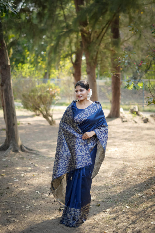 Mirage Dark Blue Handloom Woven Raw Silk Saree With Blouse Piece