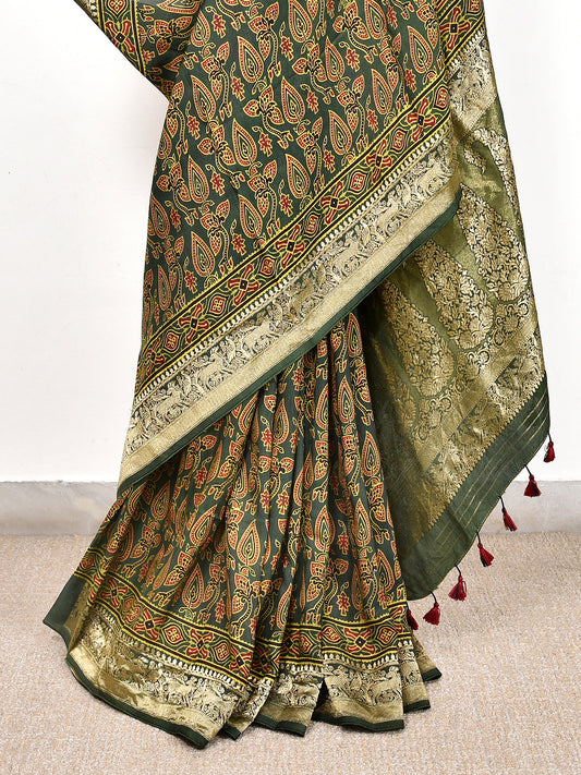 Mahanadi Green Printed Ajrakh dola silk saree