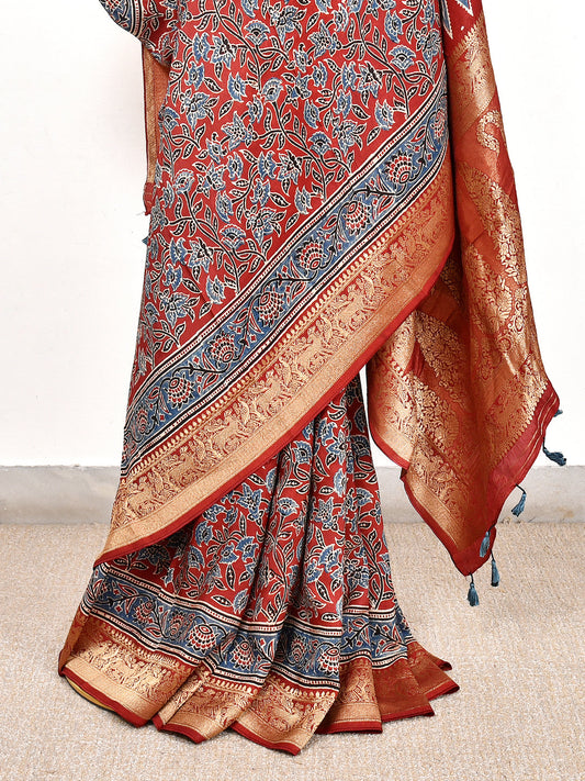 Red Printed Ajrakh dola silk saree