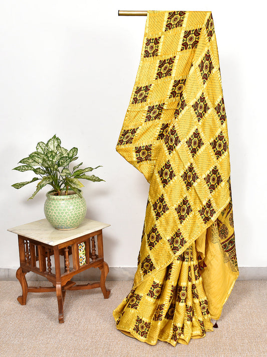 Yellow Printed Ajrakh dola silk saree