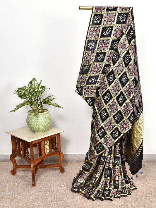 Black Printed Ajrakh dola silk saree