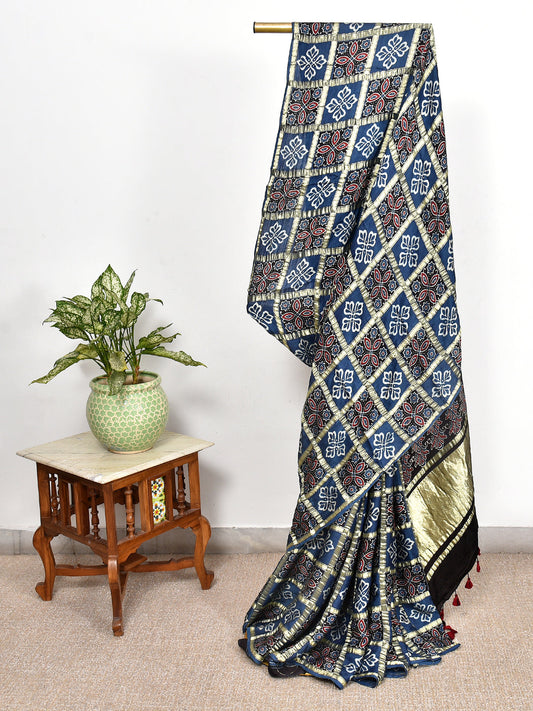 Blue Printed Ajrakh dola silk saree