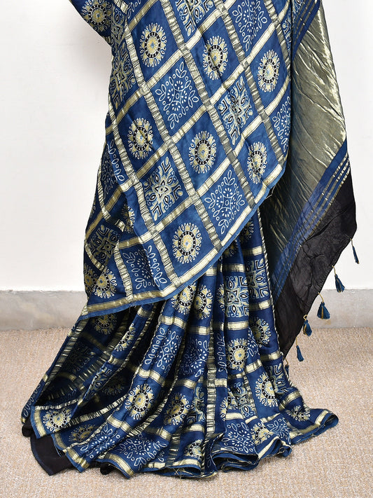 Rama Blue Printed Ajrakh dola silk saree