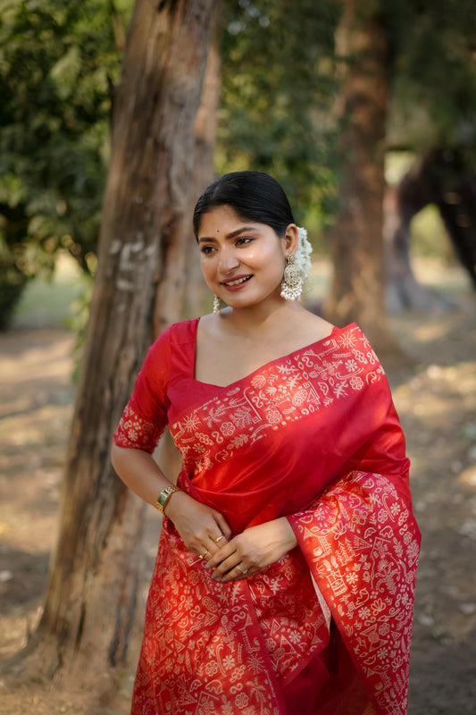 Mahogany Red Handloom Woven Raw Silk Saree With Blouse Piece