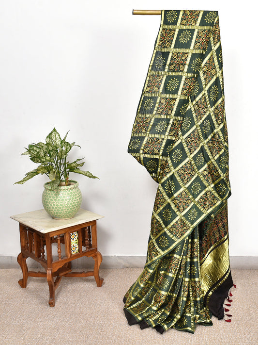 Green Printed Ajrakh dola silk saree