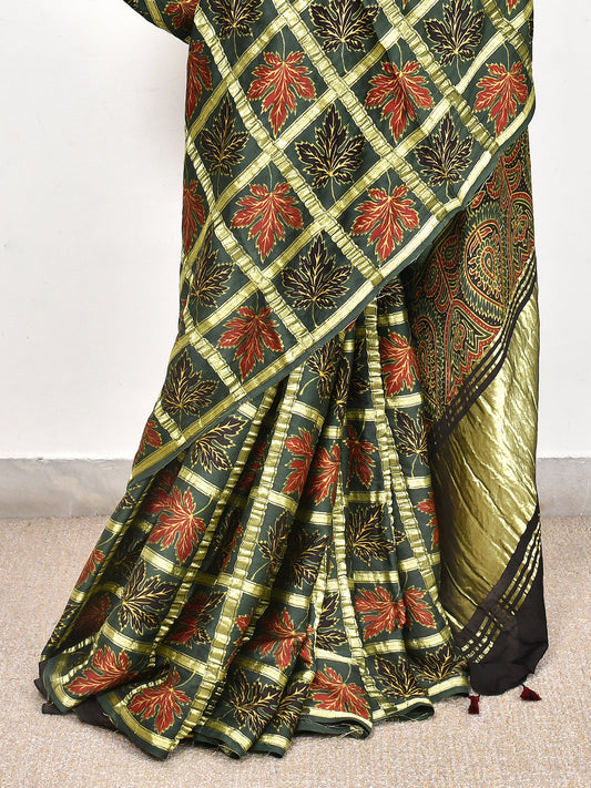 Green Classic Printed Ajrakh dola silk saree