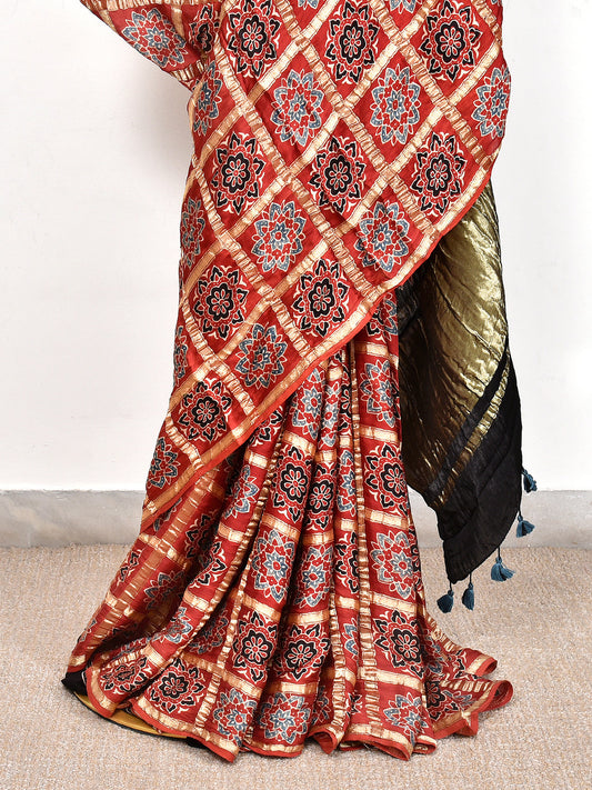 Red Printed Ajrakh dola silk saree