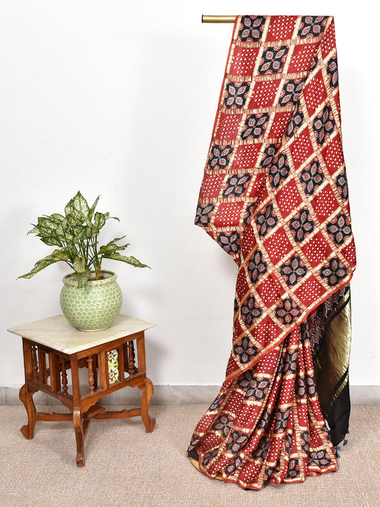 Red Printed Ajrakh dola silk saree
