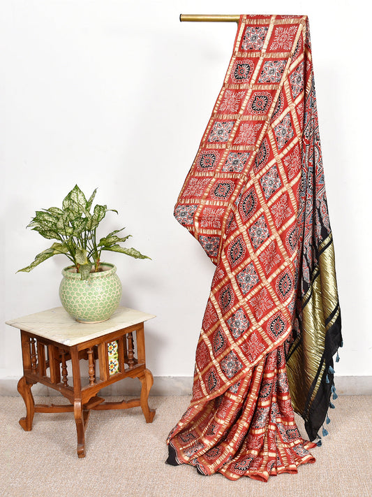 Red Printed Ajrakh dola silk saree