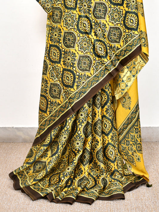 Yellow Printed Ajrakh dola silk saree