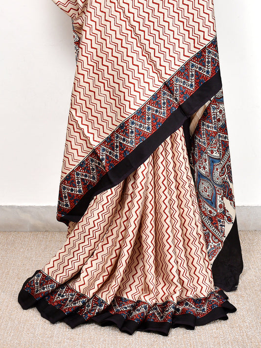 Cream Printed Ajrakh dola silk saree