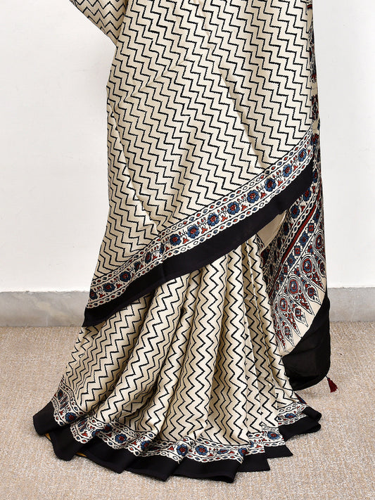 Black And White Printed Ajrakh dola silk saree