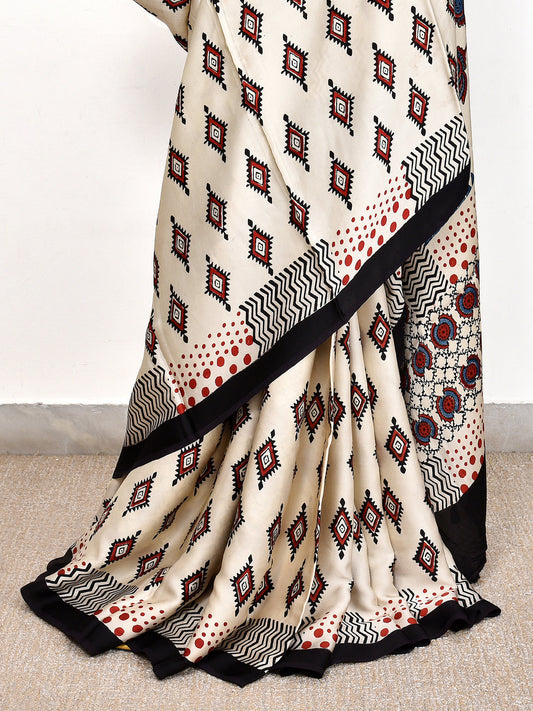 Black And Cream Printed Ajrakh dola silk saree