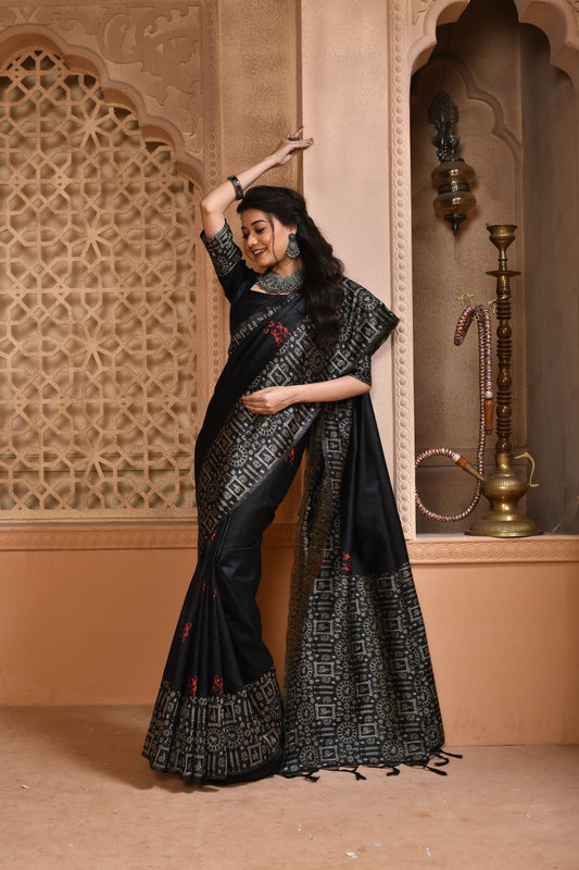 Carbon Black Handloom Banarasi Raw Soft Silk Saree