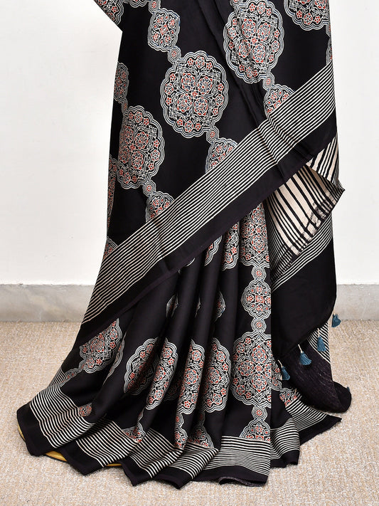 Black Printed Ajrakh dola silk saree