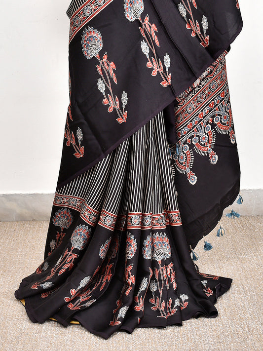 Black Flower Printed Ajrakh dola silk saree