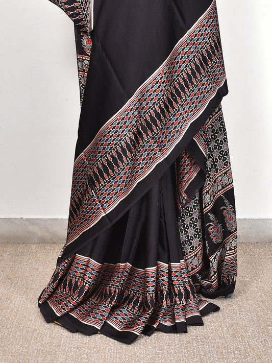 Black Printed Ajrakh dola silk saree