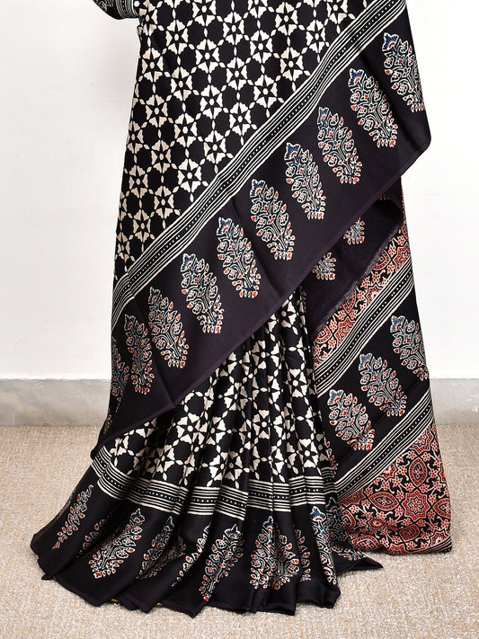 Black Printed Ajrakh dola silk saree