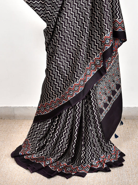 Black Printed Ajrakh dola silk saree