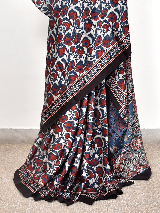 Blue Printed Ajrakh dola silk saree