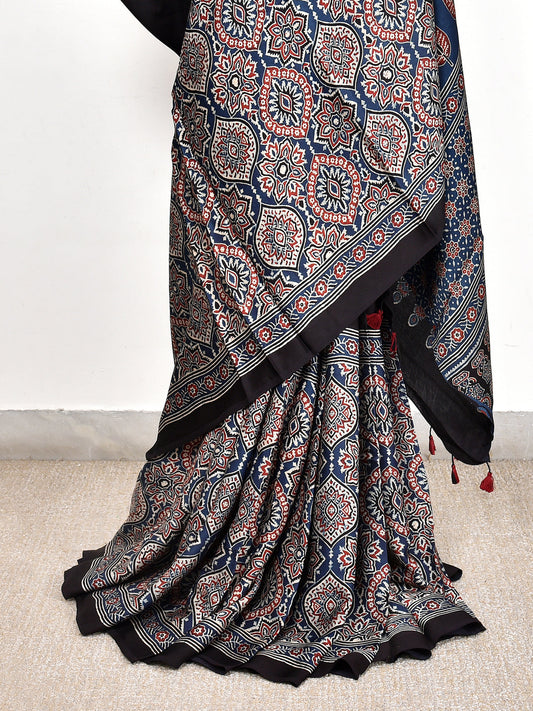 Black Printed Ajrakh dola silk saree