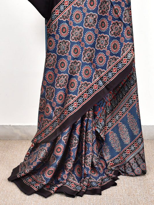 Black Printed Ajrakh dola silk saree
